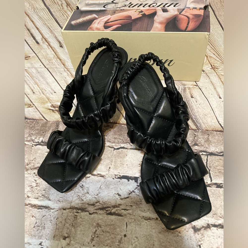 NWT Ermonn black square open toe 3 1/2” heels shoes size 8.5